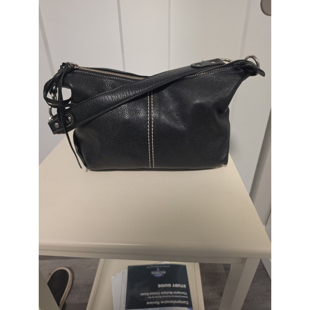 Vintage ROOTS Canada Black Pebbled Leather Hobo Shoulder Bag Purse White Stitch